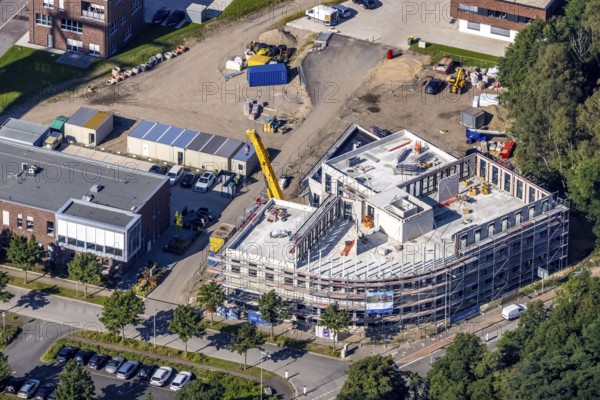 Aerial view, construction site and new building at Vestische Straße corner Zum Steigerhaus at OLGA Park in Osterfeld, Oberhausen, Ruhr area, North Rhine-Westphalia, Germany, construction work, construction area, building site, building plots, construction project, construction site, DE, Europe, aerial view, aerial photography, aerial photography, new building, overview, bird's-eye view, overview