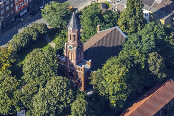 Aerial view, Evangelical Church of Christ, city centre, Oberhausen, Ruhr area, North Rhine-Westphalia, Germany, place of worship, DE, Europe, religious community, place of worship, holy place, church, parish, denomination, aerial photograph, aerial photography, aerial photography, religion, religious site, overview, bird's-eye view, overview