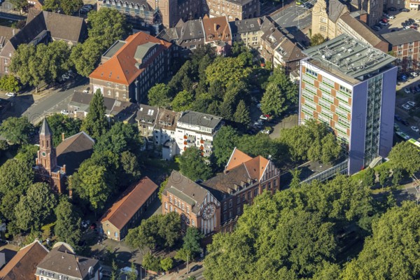 Aerial view, Christuskirche and Adolf-Feld-Schule and Hans-Böckler-Berufskolleg in the high-rise building, city centre, Oberhausen, Ruhr area, North Rhine-Westphalia, Germany, place of worship, education, educational institution, DE, Europe, religious community, place of worship, primary school, holy place, church, parish, college school, denomination, educational institute, aerial view, aerial photography, aerial photography, religion, religious site, school, overview, bird's eye view, birds-eyes view, overview