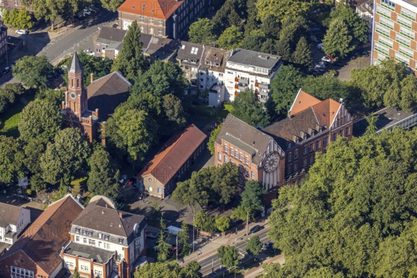Aerial view, Evangelical Church of Christ and Adolf Feld School, city centre, Oberhausen, Ruhr area, North Rhine-Westphalia, Germany, place of worship, education, educational institution, DE, Europe, religious community, place of worship, primary school, holy place, church, parish, denomination, educational institute, aerial view, aerial photography, aerial photography, religion, religious site, school, overview, bird's-eye view, overview