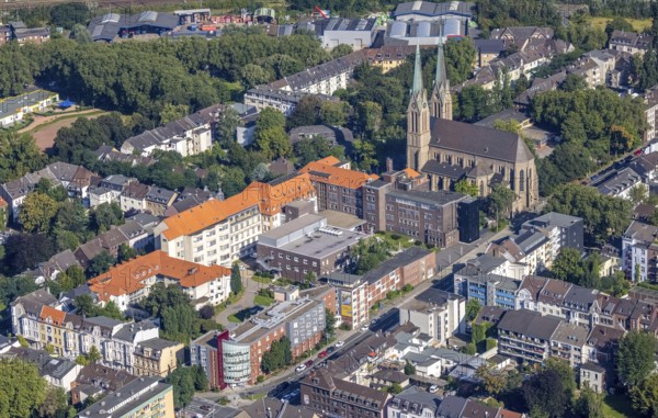 Aerial view, Marienkirche and AMEOS Klinikum St. Josef Oberhausen in the Marienviertel, Oberhausen, Ruhr area, North Rhine-Westphalia, Germany, place of worship, DE, Europe, health care, religious community, place of worship, holy place, hospital, church, parish, clinic, hospital centre, denomination, hospital, aerial view, aerial photography, aerial photography, medical facility, medical aid, religion, religious site, St. Josef Hospital, overview, bird's-eye view, birds-eyes view, overview, medical care