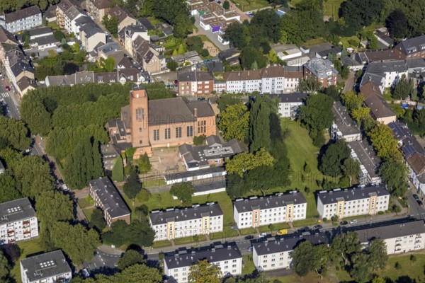 Aerial view, St. Michael's Catholic Church and St. Michael's Catholic Kindergarten in Brücktorviertel, Oberhausen, Ruhr area, North Rhine-Westphalia, Germany, place of worship, DE, Europe, religious community, place of worship, holy place, kindergarten, day-care centre, church, church community, day-care centre, denomination, aerial view, aerial photography, aerial photography, religion, religious site, overview, bird's-eye view, bird's-eye view, overview