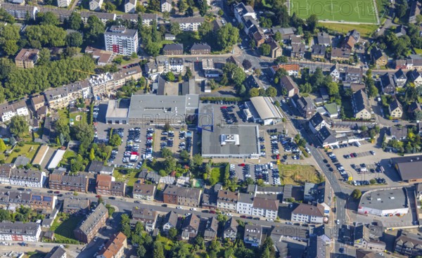 Aerial view, Knappenviertel with Tiemeyer automobile GmbH in the district Schlad in Oberhausen, Ruhr area, North Rhine-Westphalia, Germany, DE, Europe, commercial enterprises, commercial area, commercial location, commercial use, property tax, real estate, aerial view, aerial photography, aerial photography, Oberhausen, overview, bird's-eye view, residential area, living and living, residential area, residential buildings, residential quality, residential neighbourhood, housing estate, birds-eyes view, overview