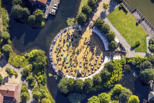 Aerial view, CentrO.Park with Beach Club and Corona distance rule in Centro Oberhausen in Borbeck, Oberhausen, Ruhr area, North Rhine-Westphalia, Germany, adventure park, distance rule, Centropark, Corona measures, Corona Virus, DE, Europe, hygiene measures, aerial view, aerial photography, aerial photography, overview, bird's-eye view, overview