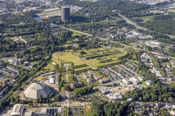 Aerial view, OLGA Park with ASO Oberhausen senior citizens' residence at OLGA Park, winding tower and old Steigerhaus as well as garden dome in Osterfeld, Oberhausen, Ruhr area, North Rhine-Westphalia, Germany, DE, Europe, leisure park, gasometer, culture, art, aerial view, aerial photography, aerial photography, park, overview, event location, event centre, bird's-eye view, former Osterfeld colliery and coking plant, cultural use, overview
