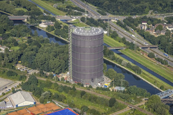 Aerial view, Gasometer Oberhausen at the Rhine-Herne Canal in Borbeck, Oberhausen, Ruhr area, North Rhine-Westphalia, Germany, DE, Europe, gasometer, culture, art, aerial photography, aerial photography, aerial view, sight, overview, venue, event location, bird's eye view, birds-eyes view, cultural use, overview