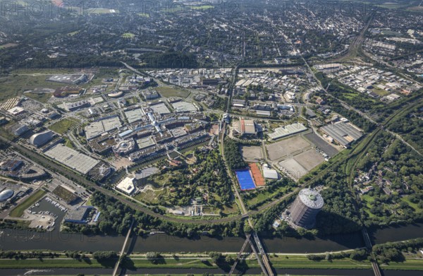 Aerial view, The Topgolf course under construction on the steelworks site at the Brammenring in the Centro Oberhausen shopping centre in Borbeck, Oberhausen, Ruhr area, North Rhine-Westphalia, Germany, DE, Europe, aerial view, aerial photography, aerial photography, overview, bird's-eye view, overview