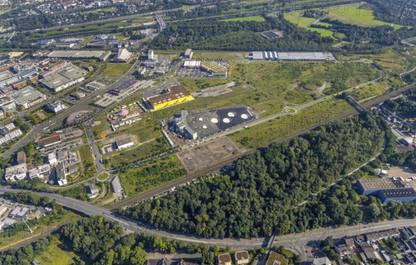 Aerial view, Topgolf course under construction on the steelworks site at Brammenring in Centro Oberhausen in Borbeck, Oberhausen, Ruhr area, North Rhine-Westphalia, Germany, construction work, construction site, building site, construction project, construction site, DE, Europe, aerial view, aerial photography, aerial photography, new building, overview, event location, event venue, bird's eye view, birds-eyes view, overview
