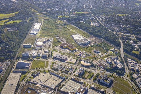 Aerial view, The Topgolf course under construction on the steelworks site at the Brammenring in the Centro Oberhausen shopping centre in Borbeck, Oberhausen, Ruhr area, North Rhine-Westphalia, Germany, DE, Europe, aerial view, aerial photography, aerial photography, overview, bird's-eye view, overview