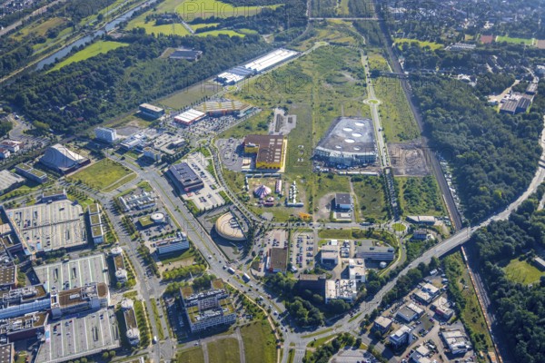 Aerial view, The Topgolf course under construction on the steelworks site at the Brammenring in the Centro Oberhausen shopping centre in Borbeck, Oberhausen, Ruhr area, North Rhine-Westphalia, Germany, DE, Europe, aerial view, aerial photography, aerial photography, overview, bird's-eye view, overview