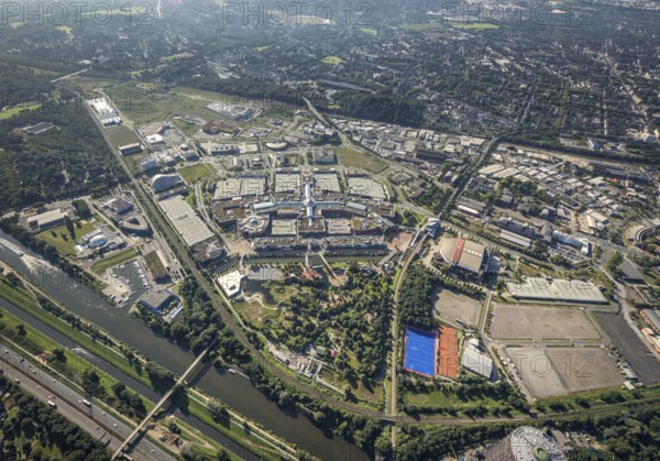 Aerial view, The Topgolf course under construction on the steelworks site at the Brammenring in the Centro Oberhausen shopping centre in Borbeck, Oberhausen, Ruhr area, North Rhine-Westphalia, Germany, DE, Europe, aerial view, aerial photography, aerial photography, overview, bird's-eye view, overview