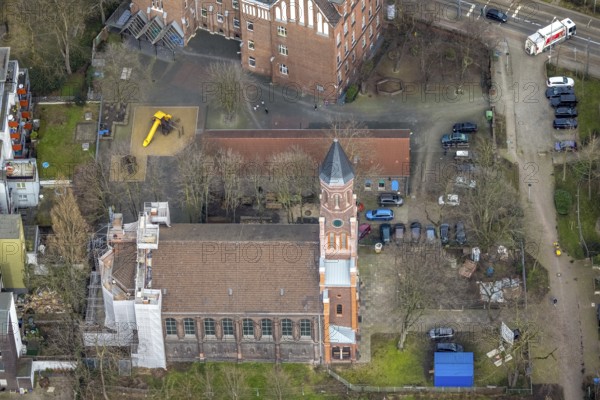Aerial view, construction site Christuskirche, city centre, Oberhausen, Ruhr area, North Rhine-Westphalia, Germany, place of worship, construction work, construction area, construction measure, construction project, construction site, DE, Europe, religious community, place of worship, holy place, church, parish, denomination, aerial photograph, aerial photography, aerial photography, Nohlstraße, religion, religious site, overview, bird's-eye view, overview