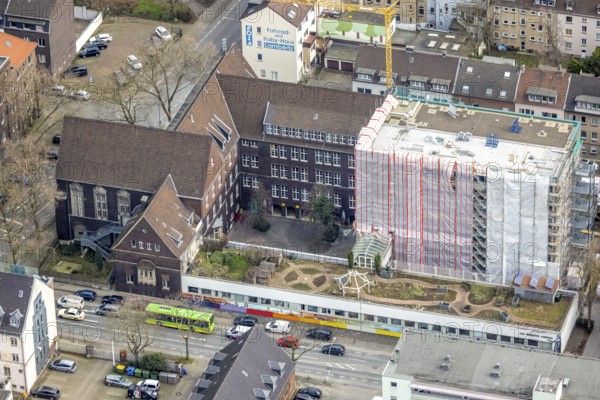 Aerial view, Elsa-Brändström-Gymnasium, construction site new building, city centre, Oberhausen, Ruhr area, North Rhine-Westphalia, Germany, construction work, construction area, construction site, building plots, construction measure, construction project, construction site, education, educational institution, Christian-Steger-Straße, DE, Europe, grammar school, educational institute, aerial view, aerial photography, aerial photography, new building, school, overview, bird's-eye view, overview