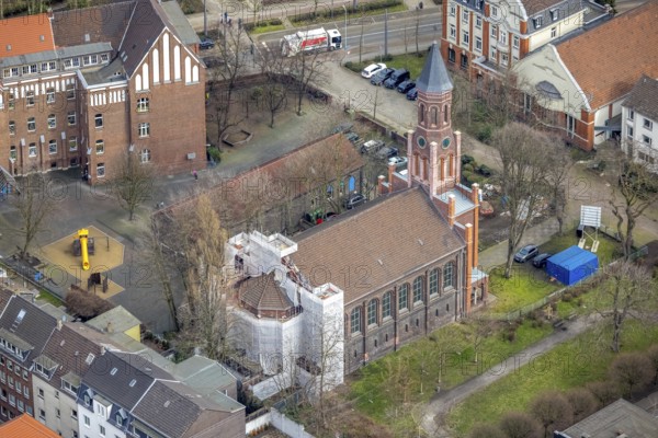 Aerial view, construction site Christuskirche, city centre, Oberhausen, Ruhr area, North Rhine-Westphalia, Germany, place of worship, construction work, construction area, construction measure, construction project, construction site, DE, Europe, religious community, place of worship, holy place, church, parish, denomination, aerial photograph, aerial photography, aerial photography, Nohlstraße, religion, religious site, overview, bird's-eye view, overview