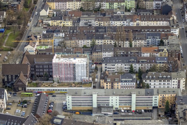 Aerial view, Elsa-Brändström-Gymnasium, construction site new building, city centre, Oberhausen, Ruhr area, North Rhine-Westphalia, Germany, construction work, construction area, construction site, building plots, construction measure, construction project, construction site, education, educational institution, Christian-Steger-Straße, DE, Europe, grammar school, educational institute, aerial view, aerial photography, aerial photography, new building, school, overview, bird's-eye view, overview