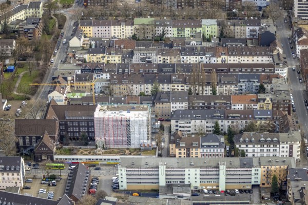 Aerial view, Elsa-Brändström-Gymnasium, construction site new building, city centre, Oberhausen, Ruhr area, North Rhine-Westphalia, Germany, construction work, construction area, construction site, building plots, construction measure, construction project, construction site, education, educational institution, Christian-Steger-Straße, DE, Europe, grammar school, educational institute, aerial view, aerial photography, aerial photography, new building, school, overview, bird's-eye view, overview