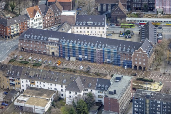 Aerial view, Friedensplatz, police station, house facade renovation, city centre, Oberhausen, Ruhr area, North Rhine-Westphalia, Germany, eye of the law, construction work, construction measure, construction site, DE, Europe, aerial view, aerial photography, aerial photography, law enforcement officer, police, police station, police station, renovation, renovation, sculpture water bird, state authority, state power, overview, bird's-eye view, overview