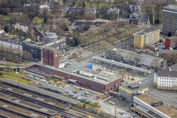 Aerial view, Oberhausen main station, reception building, city centre, Oberhausen, Ruhr area, North Rhine-Westphalia, Germany, railway tracks, railway station, bus station, bus stop, DE, Deutsche Bahn AG, Europe, main station, central station, aerial view, aerial photography, aerial photography, overview, bird's eye view, ZOB, train traffic, birds-eyes view, overview