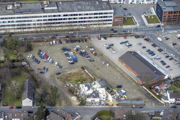 Aerial view, Quartier231 BusinessPark, construction site, Lirich, Oberhausen, Ruhr area, North Rhine-Westphalia, Germany, construction area, building plots, construction project, construction site, DE, Duisburger Straße, Europe, business centre, commercial enterprises, commercial area, commercial park, commercial site, commercial use, aerial view, aerial photography, aerial photography, overview, bird's-eye view, birds-eyes view, former Babcock site, overview