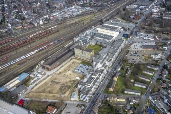 Aerial view, Quartier231 BusinessPark, construction site, Lirich, Oberhausen, Ruhr area, North Rhine-Westphalia, Germany, construction area, building plots, construction project, construction site, DE, Duisburger Straße, Europe, business centre, commercial enterprises, commercial area, commercial park, commercial site, commercial use, aerial view, aerial photography, aerial photography, overview, bird's-eye view, birds-eyes view, former Babcock site, overview