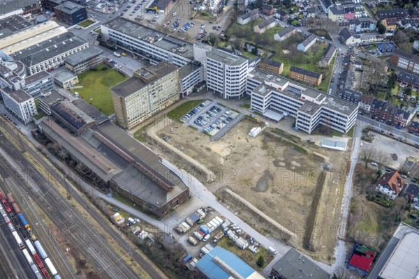 Aerial view, Quartier231 BusinessPark, construction site, Lirich, Oberhausen, Ruhr area, North Rhine-Westphalia, Germany, construction area, building plots, construction project, construction site, DE, Duisburger Straße, Europe, business centre, commercial enterprises, commercial area, commercial park, commercial site, commercial use, aerial view, aerial photography, aerial photography, overview, bird's-eye view, birds-eyes view, former Babcock site, overview