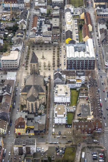 Aerial view, Catholic Church at Altmarkt, city centre, Oberhausen, Ruhr area, North Rhine-Westphalia, Germany, Altmarkt Oberhausen, place of worship, DE, Europe, religious community, place of worship, holy place, church, parish, denomination, aerial view, aerial photography, aerial photography, market place, religion, religious site, overview, bird's-eye view, birds-eyes view, overview