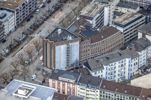 Aerial photograph, Bert-Brecht-Haus, city centre, Oberhausen, Ruhr area, North Rhine-Westphalia, Germany, construction work, construction area, construction project, construction site, DE, adult education facility, Europe, aerial photograph, aerial photography, aerial photography, Paul-Reusch-Straße, renovation, refurbishment, overview, bird's-eye view, birds-eyes view, overview