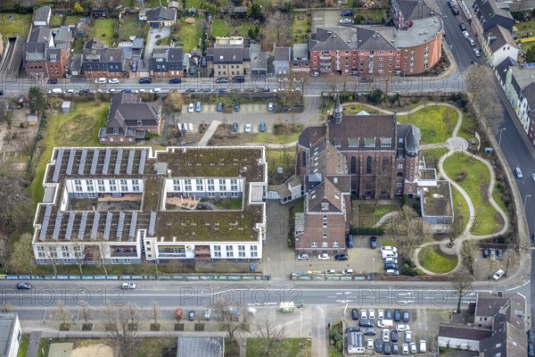 Aerial view, nursing home Vincenzhaus Oberhausen, church building Lothringer Straße, city centre, Oberhausen, Ruhr area, North Rhine-Westphalia, Germany, retirement home, old people's home, care and nursing, DE, Europe, place of worship, church, aerial view, aerial photography, aerial photography, care facility, retirement home, retirement residence, retirement home, senior centre, overview, bird's-eye view, overview