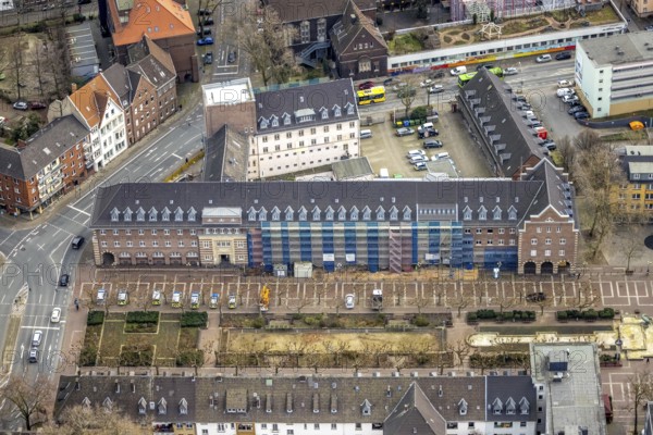 Aerial view, Friedensplatz, police station, house facade renovation, city centre, Oberhausen, Ruhr area, North Rhine-Westphalia, Germany, eye of the law, construction work, construction measure, construction site, DE, Europe, aerial view, aerial photography, aerial photography, law enforcement officer, police, police station, police station, renovation, renovation, sculpture water bird, state authority, state power, overview, bird's-eye view, overview