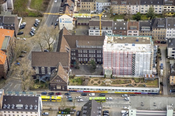 Aerial view, Elsa-Brändström-Gymnasium, construction site new building, city centre, Oberhausen, Ruhr area, North Rhine-Westphalia, Germany, construction work, construction area, construction site, building plots, construction measure, construction project, construction site, education, educational institution, Christian-Steger-Straße, DE, Europe, grammar school, educational institute, aerial view, aerial photography, aerial photography, new building, school, overview, bird's-eye view, overview