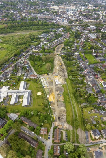 Aerial view, canal works Leuthenstraße, main canal Sterkrade is a body of water in the Emscher river system, Schwarze Heide, Oberhausen, Ruhr area, North Rhine-Westphalia, Germany, construction works, construction area, construction site, construction project, construction site, DE, Europe, aerial view, aerial photography, aerial photography, overview, bird's-eye view, overview