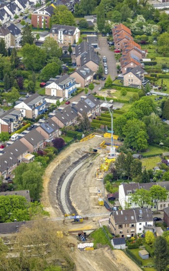 Aerial view, canal works Leuthenstraße, main canal Sterkrade is a body of water in the Emscher river system, Schwarze Heide, Oberhausen, Ruhr area, North Rhine-Westphalia, Germany, construction works, construction area, construction site, construction project, construction site, DE, Europe, aerial view, aerial photography, aerial photography, overview, bird's-eye view, overview