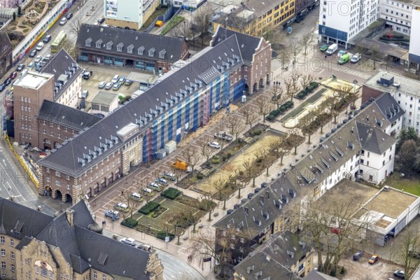 Aerial view, Friedensplatz, police station, house facade renovation, city centre, Oberhausen, Ruhr area, North Rhine-Westphalia, Germany, eye of the law, construction work, construction measure, construction site, DE, Europe, aerial view, aerial photography, aerial photography, law enforcement officer, police, police station, police station, renovation, renovation, sculpture water bird, state authority, state power, overview, bird's-eye view, overview