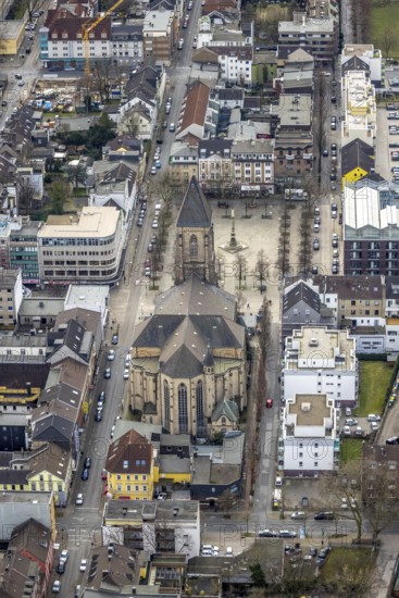 Aerial view, Catholic Church at Altmarkt, city centre, Oberhausen, Ruhr area, North Rhine-Westphalia, Germany, Altmarkt Oberhausen, place of worship, DE, Europe, religious community, place of worship, holy place, church, parish, denomination, aerial view, aerial photography, aerial photography, market place, religion, religious site, overview, bird's-eye view, birds-eyes view, overview
