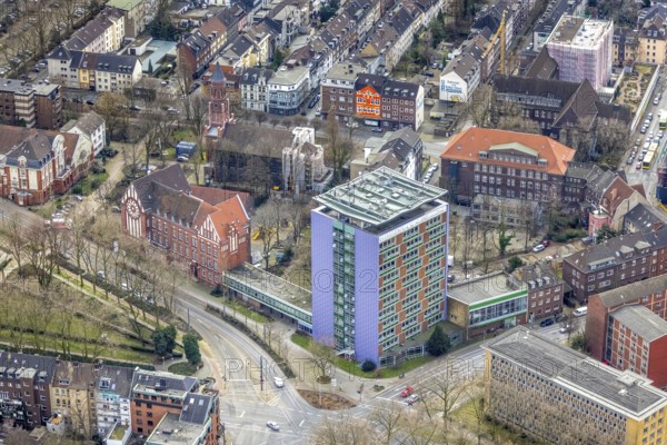 Aerial view, Hans-Böckler-Berufskolleg, Christuskirche, Marienviertel, Oberhausen, Ruhr area, North Rhine-Westphalia, Germany, place of worship, education, educational institution, DE, Europe, religious community, house of worship, holy place, high-rise building, church, parish, college, denomination, educational institute, aerial view, aerial photography, aerial photography, religion, religious site, school, overview, bird's-eye view, overview