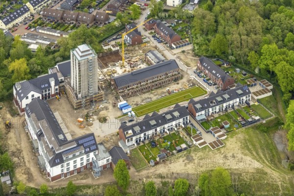 Aerial view, construction site and new construction residential buildings Am Schacht IV, Kursana Domizil Oberhausen, Klosterhardt, Oberhausen, Ruhr area, North Rhine-Westphalia, Germany, retirement home, retirement home, old people's home, construction work, construction area, building site, building plots, construction crane, construction project, construction site, care and nursing, DE, Europe, property tax, real estate, aerial photography, aerial photography, new construction, care facility, retirement home, retirement residence, retirement home, retirement centre, tower, overview, bird's-eye view, residential complex, living and living, residential area, residential buildings, residential quality, residential quarter, housing estate, assisted living, birds-eyes view, overview