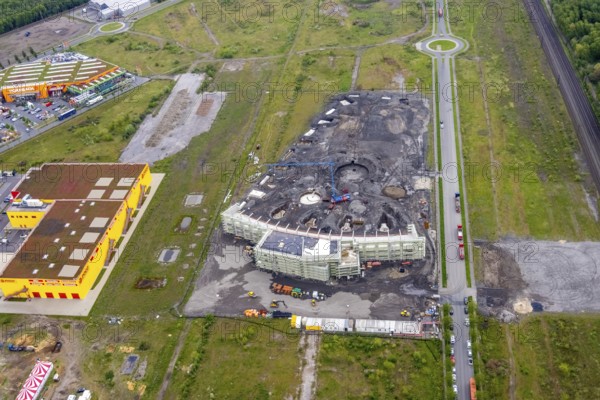 Aerial view, Centro Oberhausen, construction site Brammenring on the Centro site, Borbeck, Oberhausen, Ruhr area, North Rhine-Westphalia, Germany, construction work, construction area, construction site, building plots, construction project, construction site, DE, shopping centre, shopping mall, Europe, leisure centre, roundabout, roundabout, aerial view, aerial photography, aerial photography, new building, Neue Mitte, shopping centre, overview, bird's-eye view, overview