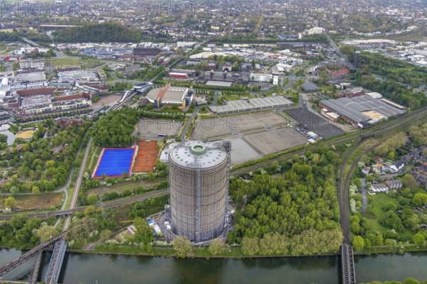 Aerial view, gasometer venue, Borbeck, Oberhausen, Ruhr area, North Rhine-Westphalia, Germany, exhibitions, DE, shopping centre, shopping mall, Europe, leisure centre, hockey fields, culture, art, aerial view, aerial photography, aerial photography, Neue Mitte, panoramic view, shopping centre, sports, sports field OTHC Oberhausener Tennis Hockey-Club, decommissioned gas holder, tennis, tennis facility, tennis courts, overview, events, venue, bird's-eye view, birds-eyes view, former gas holder, cultural use, overview