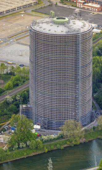 Aerial view, gasometer venue, Borbeck, Oberhausen, Ruhr area, North Rhine-Westphalia, Germany, exhibitions, DE, Europe, culture, art, aerial view, aerial photography, aerial photography, Neue Mitte, panoramic view, decommissioned gas holder, overview, events, venue, bird's-eye view, birds-eyes view, former gas holder, cultural use, overview