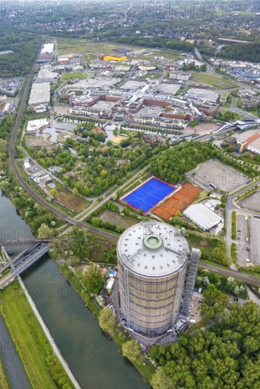 Aerial view, Gasometer venue, Centro Oberhausen, Borbeck, Oberhausen, Ruhr area, North Rhine-Westphalia, Germany, exhibitions, DE, shopping centre, shopping mall, Europe, leisure centre, hockey courts, culture, art, aerial view, aerial photography, aerial photography, Neue Mitte, panoramic view, shopping centre, sports, sports ground OTHC Oberhausener Tennis Hockey-Club, decommissioned gas holder, tennis, tennis facility, tennis courts, overview, events, event location, bird's-eye view, birds-eyes view, former gas holder, cultural use, overview