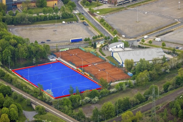Aerial view, sports field OTHC Oberhausener Tennis Hockey-Club, tennis courts, Borbeck, Oberhausen, Ruhr area, North Rhine-Westphalia, Germany, DE, Europe, hockey courts, aerial view, aerial photography, aerial photography, tennis, tennis facility, overview, bird's-eye view, overview
