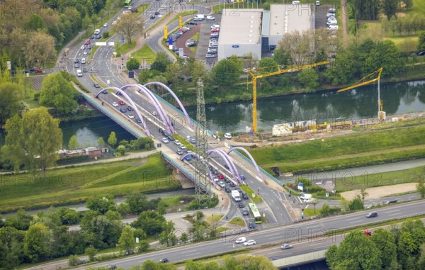 Aerial view, bridge Osterfelder Straße, construction site between river Emscher and Rhine-Herne-Canal, Vondern, Oberhausen, Ruhr area, North Rhine-Westphalia, Germany, construction work, construction area, building site, building plots, construction project, building site, bridge, DE, Europe, aerial view, aerial photography, aerial photography, overview, bird's-eye view, overview