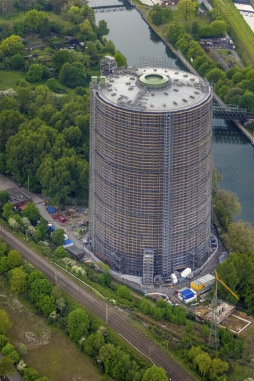 Aerial view, gasometer venue, Borbeck, Oberhausen, Ruhr area, North Rhine-Westphalia, Germany, exhibitions, DE, Europe, culture, art, aerial view, aerial photography, aerial photography, Neue Mitte, panoramic view, decommissioned gas holder, overview, events, venue, bird's-eye view, birds-eyes view, former gas holder, cultural use, overview