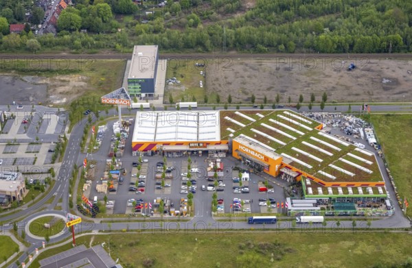 Aerial view, Centro Oberhausen, Hornbach Baumarkt, Poco Einrichtungsmarkt, Borbeck, Oberhausen, Ruhr area, North Rhine-Westphalia, Germany, DE, shopping centre, shopping mall, Europe, leisure centre, aerial view, aerial photography, aerial photography, Neue Mitte, shopping centre, overview, bird's-eye view, overview