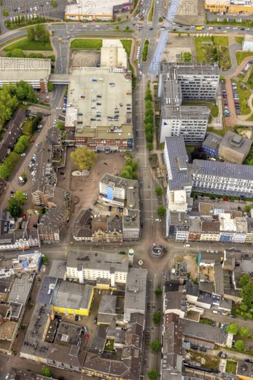 Aerial view, commercial buildings pedestrian zone, Bahnhofstraße, Steinbrinkstraße, mining fountain, Sterkrade Mitte, Oberhausen, Ruhr area, North Rhine-Westphalia, Germany, DE, shopping square, shopping centre, Europe, pedestrian, commercial buildings, aerial view, aerial photography, aerial photography, market place, market stalls, overview, sales huts, bird's eye view, overview