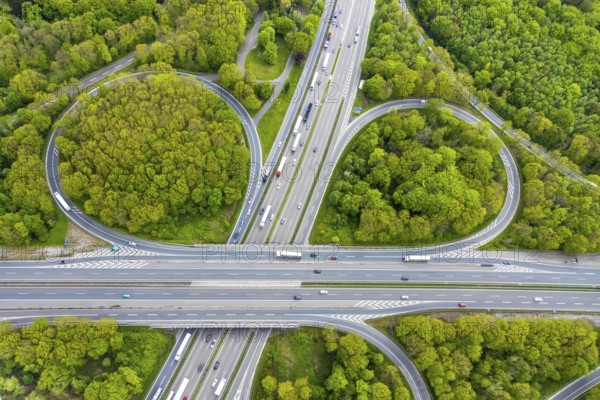 Aerial view, motorway junction Oberhausen, Sterkrader Wald, planned tangent, Alsfeld, Oberhausen, Ruhr area, North Rhine-Westphalia, Germany, motorway A2, motorway A3, motorway junction, DE, Europe, aerial view, aerial photography, aerial photography, overview, bird's-eye view, overview