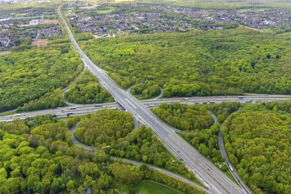 Aerial view, motorway junction Oberhausen, Sterkrader Wald, planned tangent, Alsfeld, Oberhausen, Ruhr area, North Rhine-Westphalia, Germany, motorway A2, motorway A3, motorway junction, DE, Europe, aerial view, aerial photography, aerial photography, overview, bird's-eye view, overview