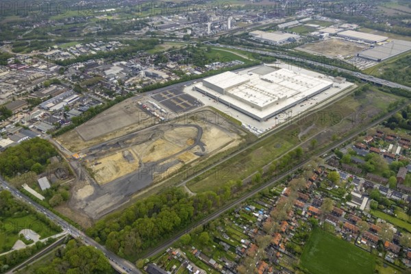 Aerial view, Edeka central warehouse logistics centre, Logport V, LLogport 5, Waldteich, Schwarze Heide, Oberhausen, Ruhr area, North Rhine-Westphalia, Germany, A3 motorway, construction area, building site, building plots, building land, construction project, DE, Edeka Rhein-Ruhr, Europe, commercial enterprises, commercial area, commercial park, commercial location, commercial use, freight traffic, industrial area, industrial location, logistics, logistics service, logistics service provider, logistics provider, logistics centre, aerial view, aerial photography, aerial photography, freight forwarding, transport, transport service, overview, bird's-eye view, Waldteichstraße, birds-eyes view, overview