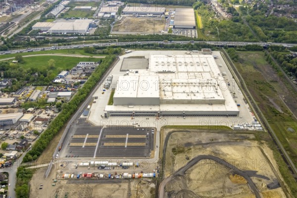 Aerial view, Edeka central warehouse logistics centre, Logport V, LLogport 5, Waldteich, Schwarze Heide, Oberhausen, Ruhr area, North Rhine-Westphalia, Germany, A3 motorway, DE, Edeka Rhein-Ruhr, Europe, freight traffic, logistics, logistics service, logistics service provider, logistics provider, logistics centre, aerial view, aerial photography, aerial photography, forwarding, transport, transport service, overview, bird's-eye view, Waldteichstraße, birds-eyes view, overview