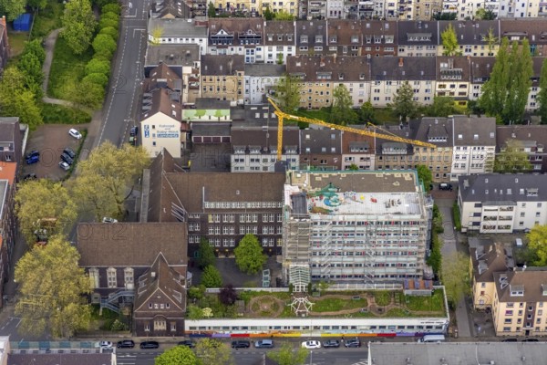 Aerial view, construction site Elsa-Brändström-Gymnasium, city centre, Oberhausen, Ruhr area, North Rhine-Westphalia, Germany, construction work, construction area, construction site, building plots, construction measure, construction project, construction site, education, educational institution, Christian-Steger-Straße, DE, Europe, grammar school, teaching institute, aerial view, aerial photography, aerial photography, new building, school, overview, bird's-eye view, overview